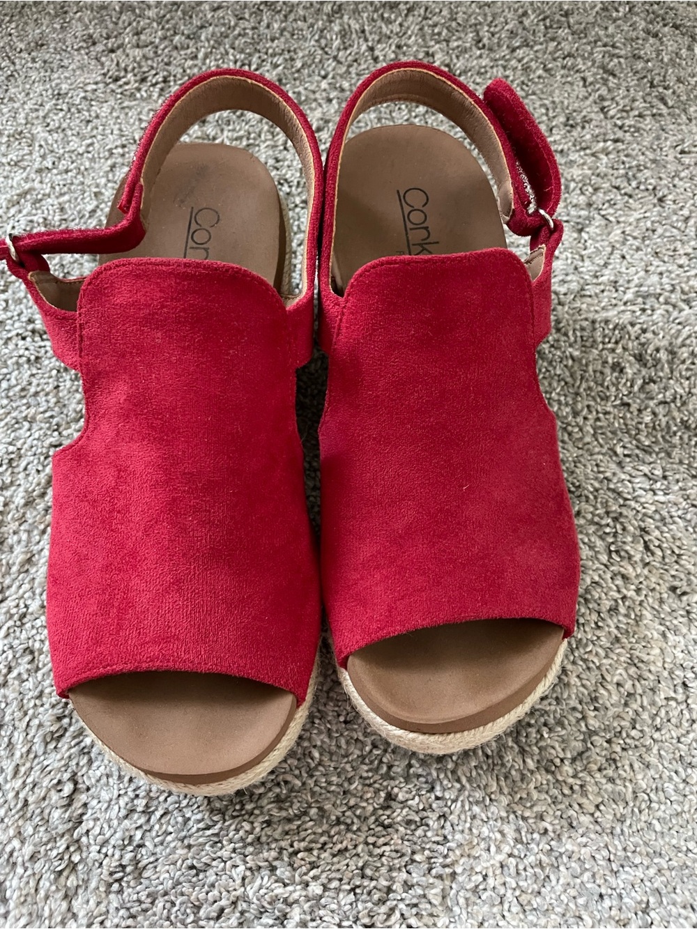 Corkys Red Suede Open-Toe Wedge Sandals